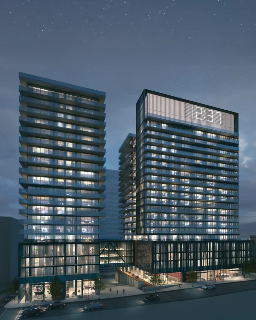 Architectural rendering of Skye Halifax at night, showing the proposed twin-tower mixed-use development in downtown Halifax by United Gulf Developments.